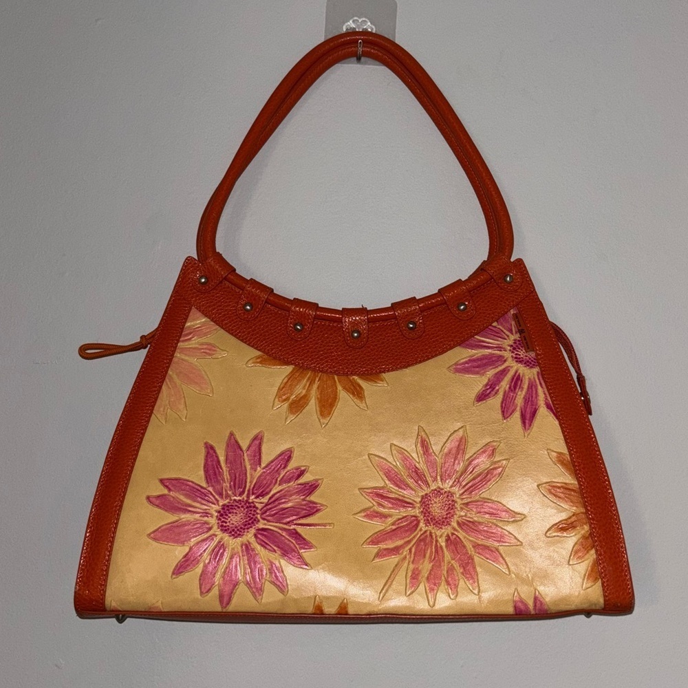 Beautiful Orange Pebble Leather Embossed and Painted Floral Hand/Shoulder Bag